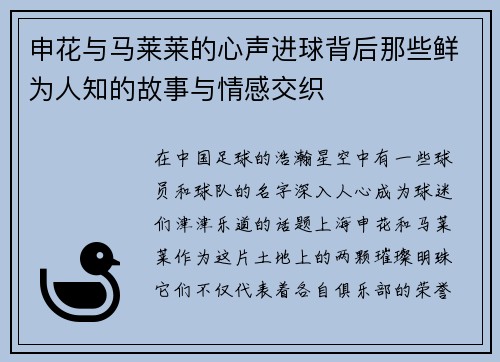 申花与马莱莱的心声进球背后那些鲜为人知的故事与情感交织